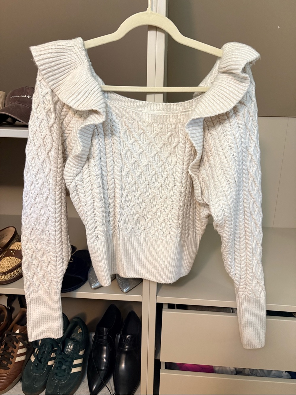 H&M Ruffle Shoulder Cable Knit Sweater in Cream